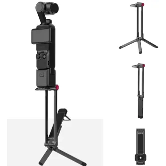 Ulanzi MA66 magnētiskais statīvs DJI Pocket 3 kamerai ar ļoti vieglu 75g dizainu, attēlots pilnībā saliktā stāvoklī ar kameras piestiprinājumu un dažādiem uzņemšanas režīmiem