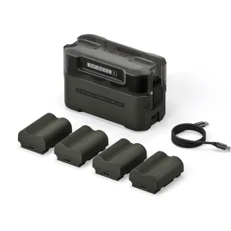 Tilta NP-W235 Charging Station with 4 NP-W235 batteries and USB-C cable for fast 45W charging, compact EDC design