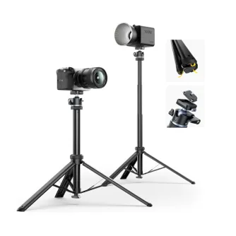 Ulanzi MT93 auto-open tripod with 360-degree ball head and Uka quick-release plate, fully extended with DSLR camera mounted for photography or videography