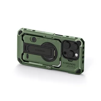 Tilta Khronos iPhone 16 Pro case in forest green, rear view with lens cluster cutout and capacitive control button