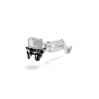 Tilta Shock Absorbing Head for Hydra Alien Mini gimbal with GoPro Action Camera, titanium gray, side view highlighting stabilization features