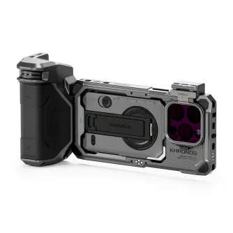 Tilta Khronos iPhona 16 Pro rokas komplekts Space Gray krāsā ar atvērtu filtru plati un fokusa roktura pieslēgvietu