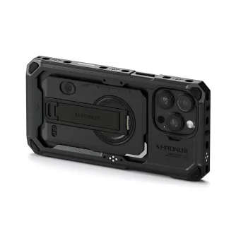 Tilta Khronos rugged iPhone 16 Pro Max case with camera cage, rear view showing lens mounts, locking clamp, and touch bar controls for mobile filmmaking