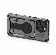 Tilta Khronos iPhone 16 Pro Max modular camera case with rugged protection, rear view showing lens area, LED light, and locking clamp for accessories in Space GrayTilta Khronos iPhone 16 Pro Max modular camera case with rugged protection, rear view showing lens area, LED light, and locking clamp for accessories in Space Gray