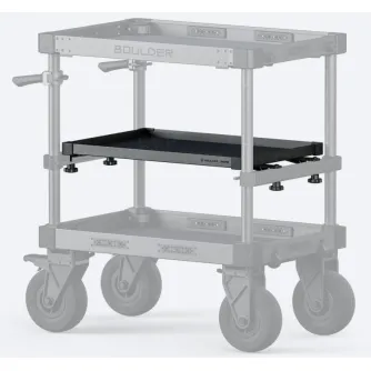 Tilta TC-MLT-B black mid-level aluminum tray for Boulder Camera Cart with tool-free spring-pin clamp installation, viewed from front-left angle