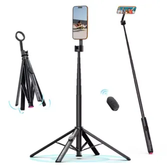 Ulanzi SK-21 Magnetic Auto-Open Tripod with 1.8m extension, wireless remote, and smartphone mounted in selfie stick and tripod modes