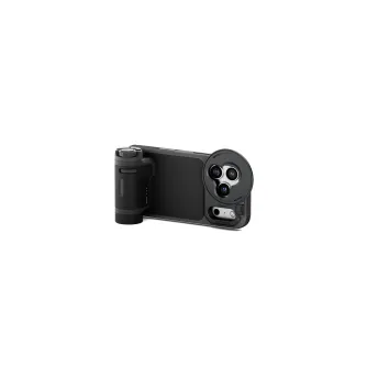 Tilta Khronos Lite iPhone 17 Pro handheld kit in black featuring an ergonomic Bluetooth control handle and a 58mm filter tray attached.