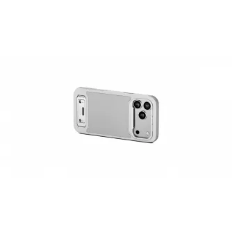 Кейс Tilta Khronos Lite для iPhone 17 Pro Max светло-серый, вид сбоку с встроенной подставкой и магнитным хабом для аксессуаров.
