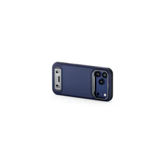 Tilta Khronos Lite iPhone 17 Pro Max case in navy blue, side view showcasing the magnetic back panel and camera protection ring.