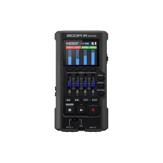 Zoom R4 MultiTrak handheld 4-track recorder front view with illuminated track meters, faders, and controls