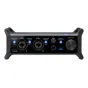 Задняя панель аудиоинтерфейса Zoom UAC-232 с двумя комбо-входами XLR/TRS, индикаторами фантомного питания, переключателями сигнала и гитары/баса, выходом для наушников, MIDI I/O портами, переключателем прямого мониторинга и регу