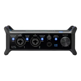 Задняя панель аудиоинтерфейса Zoom UAC-232 с двумя комбо-входами XLR/TRS, индикаторами фантомного питания, переключателями сигнала и гитары/баса, выходом для наушников, MIDI I/O портами, переключателем прямого мониторинга и регу