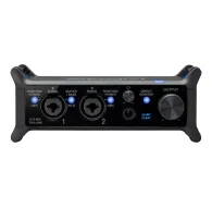Zoom UAC-232 USB audio interface rear panel featuring dual XLR/TRS combo inputs, phantom power indicators, signal and guitar/bass switches, headphone jack, MIDI I/O ports, direct monitor switch, and main output volume knob.Zoom UAC-232 USB audio interface rear panel featuring dual XLR/TRS combo inputs, phantom power indicators, signal and guitar/bass switches, headphone jack, MIDI I/O ports, direct monitor switch, and main output volume knob.