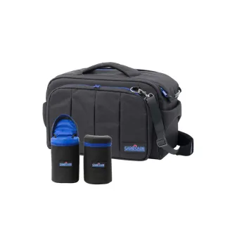 CamRade run&gunBag Cinema water-resistant camera bag featuring removable lens pouches and an adjustable shoulder strap, designed for cine-style camcorders up to 18.5 inches.