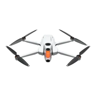 Insta360 Antigravity A1 drone front view with extended arms and camera lens surrounded by an orange lighting ring for immersive 8K video capture