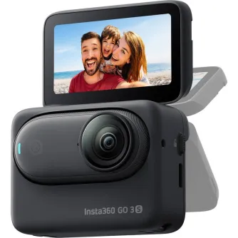 Insta360 GO 3S 64GB melnā akcijas kamera ar Action Pod pamatni, kas piedāvā izsukamu ekrānu un magnētisko lēcu