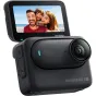 Insta360 GO 3S 64GB black action camera with Action Pod base and flip-up 2.2-inch touchscreen displaying a photo of three smiling people