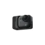 Insta360 GO Ultra melna akcijas kamera no sāna, izceļot tās kompakto dizainu, teksturēto rokturi un magnētisko stiprinājumu.