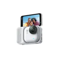 Insta360 GO Ultra white action camera with smartphone displaying a family photo, compact design with magnetic clip for versatile use in action and underwater filmingInsta360 GO Ultra white action camera with smartphone displaying a family photo, compact design with magnetic clip for versatile use in action and underwater filming