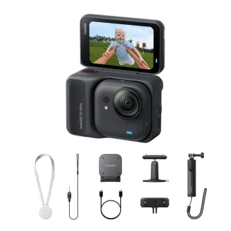 Insta360 GO Ultra Creator Bundle black action camera with accessories including magnetic clip, mini tripod, lanyard, and Ultra Pivot stand