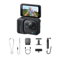 Insta360 GO Ultra Creator Bundle black action camera with accessories including magnetic clip, mini tripod, lanyard, and Ultra Pivot standInsta360 GO Ultra Creator Bundle black action camera with accessories including magnetic clip, mini tripod, lanyard, and Ultra Pivot stand