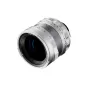 Thypoch Simera 35mm f1.4 lens featuring a manual focus ring and red-dot depth-of-field scale, metallic silver finish