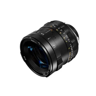 Thypoch Simera 35mm f1.4 lens for Sony E-mount featuring dual focus tabs, black barrel, and gold accents, highlighting the front element and aperture details