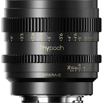 Объектив Thypoch Simera-C 35мм T1.5 с металлическим корпусом, кольцом диафрагмы T-stop с отметками от T2 до T16 и текстурированным фокусировочным кольцом для точного управления в киносъемке.
