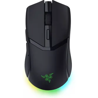 Razer Cobra HyperSpeed wireless gaming mouse black top view with RGB lighting and illuminated Razer logo