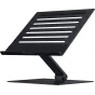 Razera pieliekamais laptopa stāvs melnā krāsā ar augstuma un slīpuma regulēšanu ergonomiskai lietošanai, ar ventilācijas slīcēm gaisa plūsmai un saliekamu alumīnija pamatu kompaktiem uzglabāšanai.