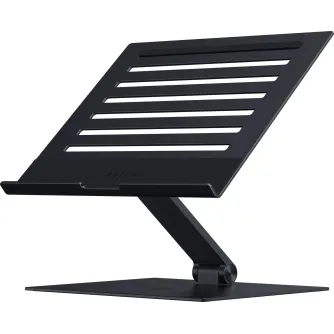 Razera pieliekamais laptopa stāvs melnā krāsā ar augstuma un slīpuma regulēšanu ergonomiskai lietošanai, ar ventilācijas slīcēm gaisa plūsmai un saliekamu alumīnija pamatu kompaktiem uzglabāšanai.