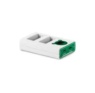 Tilta dual-channel NP-W126S battery charger in forest green, compact design with USB-C and Micro-USB input, LCD display for battery status indicatorsTilta dual-channel NP-W126S battery charger in forest green, compact design with USB-C and Micro-USB input, LCD display for battery status indicators
