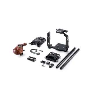 Tilta Camera Cage for Canon C80 Pro Kit with wooden handle, power plate, 15mm LWS base plate, carbon rods, and modular accessories for versatile mounting and enhanced functionality