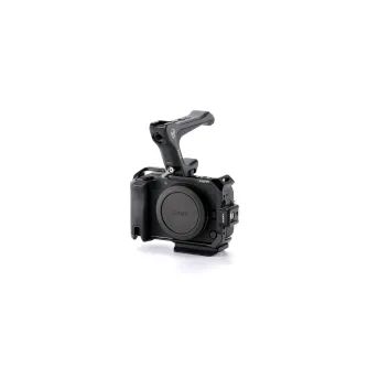 Tilta Camera Cage for Canon R50 V in black, featuring a removable NATO rail, top handle, and ARCA plate for tripod compatibility.