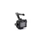 Tilta Camera Cage for Canon R50 V in black, featuring a removable NATO rail and top handle for accessories, ergonomic grip, viewed from a rear angle.