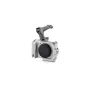 Tilta silver camera cage for Canon R50 V with removable NATO top handle and ARCA plate, front view showing integrated ergonomic grip and lens compartment