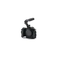 Tilta black camera cage for Canon R6 Mark III featuring a top handle, cable clamp, and ARCA-compatible bottom plate.Tilta black camera cage for Canon R6 Mark III featuring a top handle, cable clamp, and ARCA-compatible bottom plate.