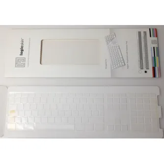 LogicKeyboard Crystal Clear Skin for Apple Full Size ISO Keyboard - Ultra-thin transparent silicone cover for complete keyboard protection, including numeric pad, shown with packaging and sample markers