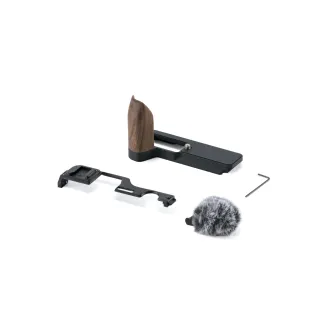 Tilta vintage camera cage kit for Canon PowerShot V1 with walnut wooden handle, Cold Shoe adapter, and furry windscreen – complete set of black accessories displayed separately