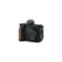 Tilta Vintage Camera Cage for Canon PowerShot V1 with walnut grip and furry windscreen on hot shoe adapter
