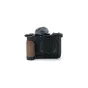 Tilta vintage camera cage for Canon PowerShot V1 with wooden grip, Cold Shoe adapter, and furry windscreen - rear and top view