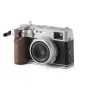 Tilta Vintage Camera Cage for Fujifilm X100VI with walnut wood handgrip and L-bracket, silver finish, side view showcasing ergonomic thumb grip and lens details