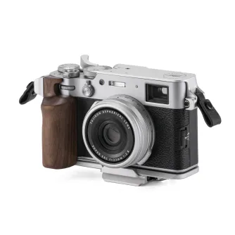 Tilta Vintage Camera Cage for Fujifilm X100VI with walnut grip, thumb hot shoe stabilizer, and leather strap attachment - compact silver travel kit