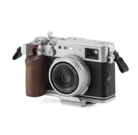 Tilta Vintage Camera Cage for Fujifilm X100VI with walnut grip, thumb hot shoe stabilizer, and leather strap attachment - compact silver travel kitTilta Vintage Camera Cage for Fujifilm X100VI with walnut grip, thumb hot shoe stabilizer, and leather strap attachment - compact silver travel kit
