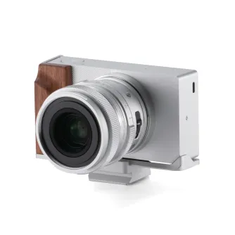 Tilta vintage camera cage with walnut wooden grip for Sigma BF lenses, silver aluminum alloy construction, ARCA-compatible tripod mount