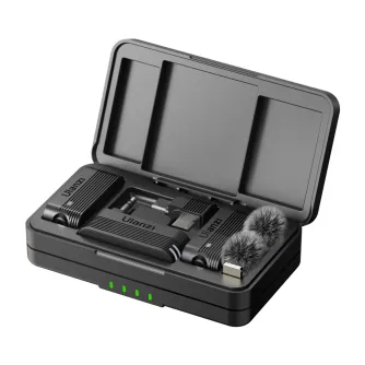 Ulanzi A100 wireless lavalier microphone system in an open charging case with transmitters, receiver, Type-C and 3.5mm adapters, magnetic mount, windproof sponge, and charging cable.