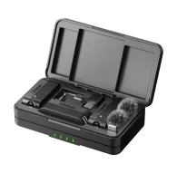 Ulanzi A100 wireless lavalier microphone system in an open charging case with transmitters, receiver, Type-C and 3.5mm adapters, magnetic mount, windproof sponge, and charging cable.Ulanzi A100 wireless lavalier microphone system in an open charging case with transmitters, receiver, Type-C and 3.5mm adapters, magnetic mount, windproof sponge, and charging cable.