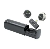 Ulanzi A21 wireless microphone kit featuring black and white transmitters, a USB-C charging case with an open compartment revealing the USB-C port, and accessories for USB-C devices.Ulanzi A21 wireless microphone kit featuring black and white transmitters, a USB-C charging case with an open compartment revealing the USB-C port, and accessories for USB-C devices.