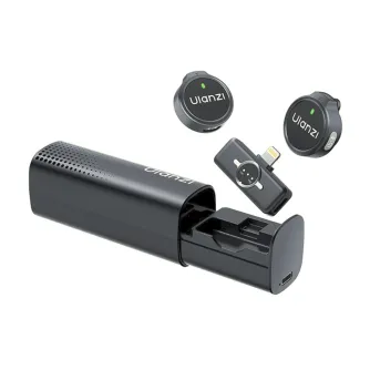 Ulanzi A21 wireless microphone kit with Lightning receiver, two transmitters, and an open charging case
