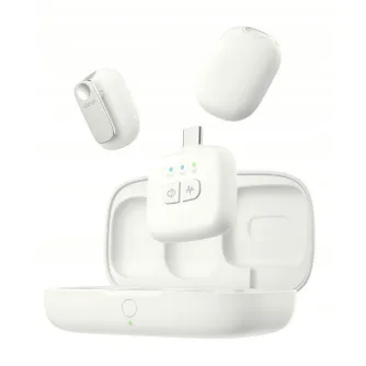 Ulanzi A30 wireless lavalier microphone kit with two transmitters and USB-C receiver, white charging case, top view of compact transmitters and receiver controls